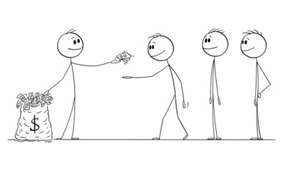 Poster - Person Giving Money to Others , Vector Cartoon Stick Figure Illustration