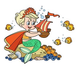 Poster - Cute little mermaid prince in a crown of coral sits on a stone and examines a toy sailboat color variation for coloring page