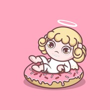 Cute Cartoon Angel With Big Donut. Vector Illustration For Mascot Logo Or Sticker