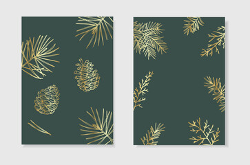 Wall Mural - Vintage Christmas invitations. Set of floral greeting cards. Holiday floral frames with evergreen fir tree branches, pine cones. Elegant golden engraving illustrations. Winter design. Green background