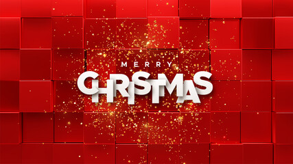 Wall Mural - Merry Christmas white paper sign with golden confetti particles on red geometric background.