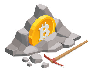 Isometric miner is digging on golden bitcoin. Devices and technology for mining cryptocurrency. Machines for mining cryptocurrency.