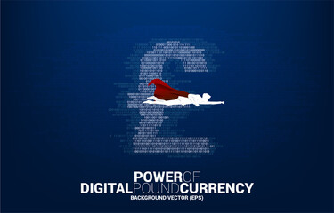 Aufkleber - Silhouette of man in superhero suit flying with pound sterling currency money with one and zero binary code digit matrix style. Background Concept for electronic money and digital banking
