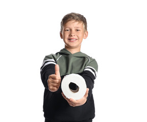 Wall Mural - Little boy with toilet paper showing thumb-up on white background