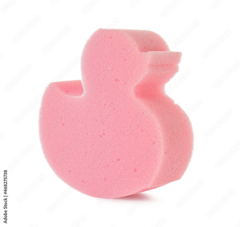 Cute pink duck shaped bath sponge on white background