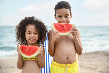 Sticker - African-American children eating watermelon on sea beach