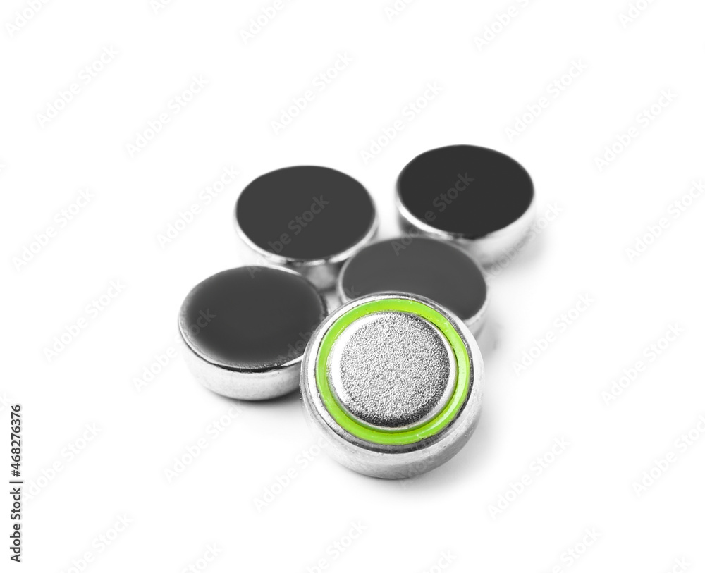 Lithium button cell batteries on white background