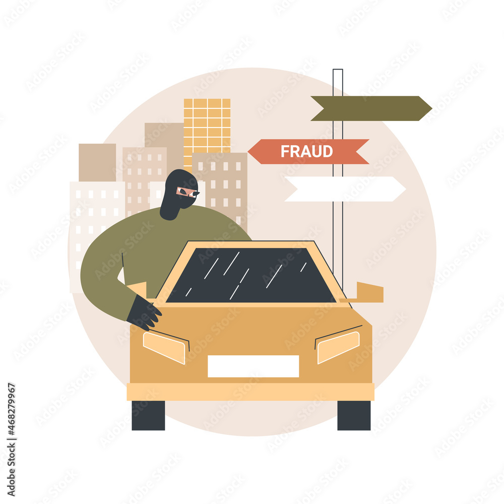 Road fraud abstract concept vector illustration. Road safety, fellow traveller, road crime, criminal fraud, pick up hitchhiker, threat and robbery, illegal transportation abstract metaphor.