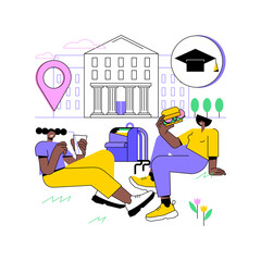 College campus abstract concept vector illustration. College campus tours, university events, institutional buildings, students group, homework on grass, break after classes abstract metaphor.