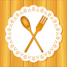 Wooden Kitchen Tools, Spoon And Fork, Lace Doily Place Mat, Oak Wood Table Background