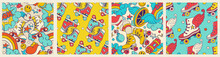 Set Of Groovy Seamless Patterns And Retro Background With Rollers, Emoticons, Wheels, Hearts, Wings.Pop 80's-90's Funny Doodles For Wrapping, Wallpaper, Fashion Apparel, Square Social Media Post.