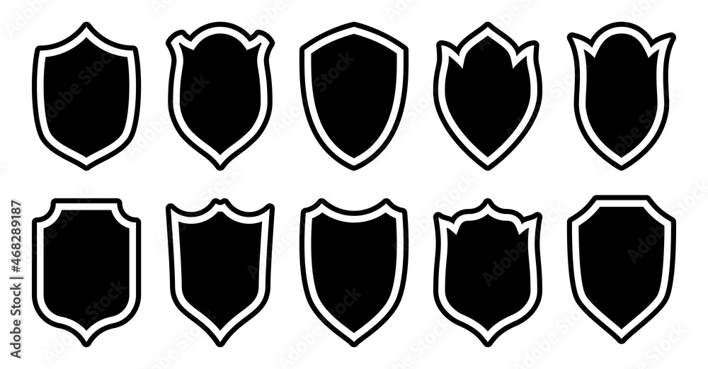 Shield black stamp flat icon set. Vector security simple label coat of ...