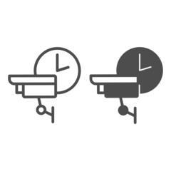 Poster - Wall mounted surveillance camera and clock, protection line and solid icon, CCTV concept, safe vector sign on white background, outline style icon for mobile concept and web design. Vector graphics.