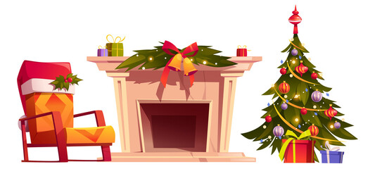 home interior with christmas decoration. xmas tree with balls and garland, gift boxes, chair in red 