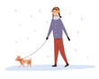 © Оксана Назарова - Cute girl walks with a dog on a leash in winter time. Happy owner and little pet spend time together outdoors. Cartoon flat vector illustration isolated on white background