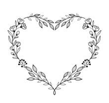 Floral Heart Shape Frame. Decorative Frame Design With Flowers And Leaves. Hand Drawn Vector Illustration.