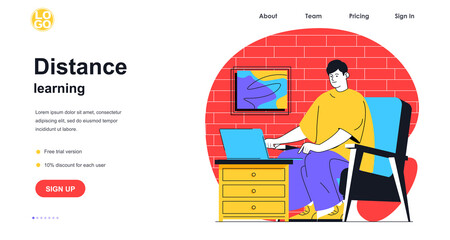 distance learning web banner concept. man student studying using laptop at home, online courses or w