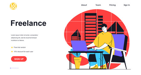 Wall Mural - Freelance working web banner concept. Freelancer doing tasks on laptop sitting in chair at home. Remote worker workplace, landing page template. Vector illustration with people scene in flat design