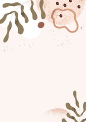 Fototapete - Modern abstract background with leaf and organic geometric shapes. Trendy card design with floral frame from creative element, blob and dot. Fashion vertical banner. Colored flat vector illustration