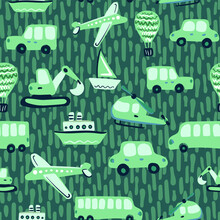 Cute Kids Vector Seamless Pattern With Hand Drawn Airplanes, Helicopters, Cars, Buses, Ships. Various Transport For Printing On Textiles And Paper. Illustration For Boys About Travel And Movement