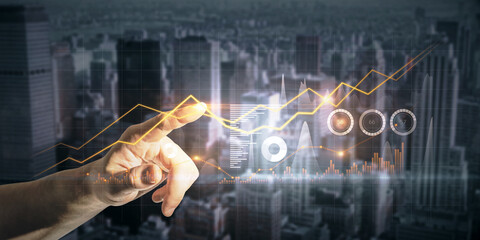 Poster - Close up of man hand pointing at creative business chart hologram on blurry city background. Innovation, finance, trade, future, ai and technology concept. Double exposure.