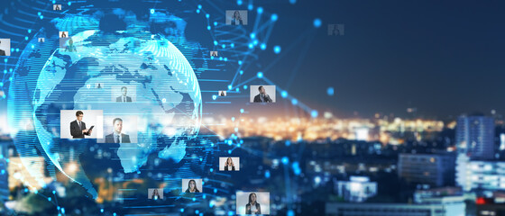 Poster - Creative glowing globe hologram with photo gallery on dark night city background. Technology, global media and entertainment concept. Mock up, Double exposure.