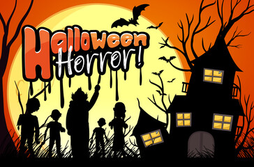 Canvas Print - Halloween poster with with haunted house and zombies silhouette