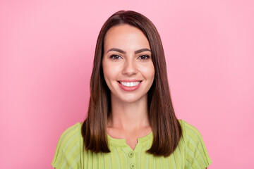 Poster - Photo of young cheerful lady good mood shirt top peaceful whitening teeth isolated over pink color background