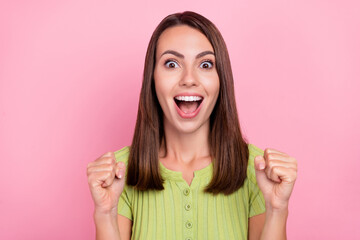 Canvas Print - Photo of young excited girl excited rejoice victory scream success goal fan isolated over pink color background