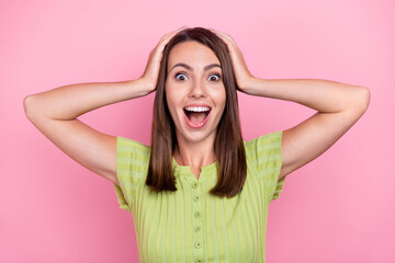 Wall Mural - Photo of young pretty girl arms touch head unexpected face reaction news isolated over pink color background