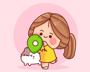 Poster - Cute girl holding location pin hand drawn cartoon art illustration