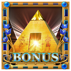 3D rendered illustration of a golden pyramid surrounded by a decorative frame with blue ornaments. Egyptian themed Bonus symbol for slot game