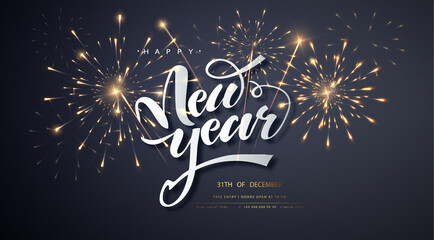 Wall Mural - Happy New Year with festive fireworks explosionson dark background. Holyday decorative elements. Congratulation banner.