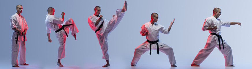 Collage of portraits of professional martial arts sportsman training in kimono isolated over gradient blue background in neon lights