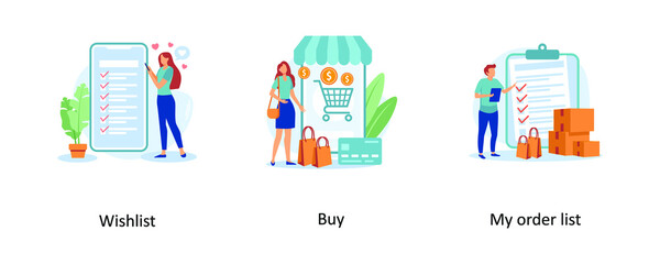 Poster - wishlist, buy, my order list. online shopping abstract concept vector illustration set.