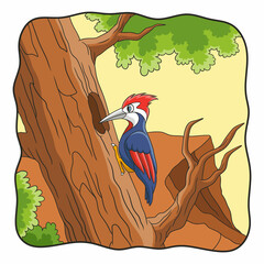 cartoon illustration woodpecker pecks a big tree trunk