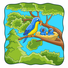 Wall Mural - cartoon illustration Birds bring food and perch on trees