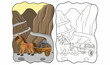 cartoon illustration a horse carrying a cart filled with stones through the road near the ravine book or page for kids