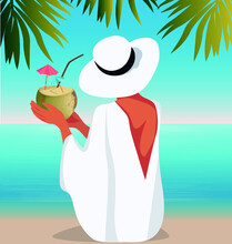 Digital Illustration Of A Girl Resting On Vacation Sitting On The Ocean Shore With A Coconut And Wearing A Sun Hat