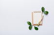 © sosiukin - eco-friendly Empty notebook with pen and green leaf on Colored background for note