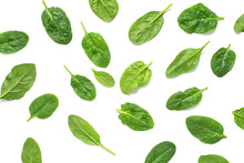 Pattern Of Fresh Spinach Leaves With Drops On A White Background. Top View, Flat Lay.