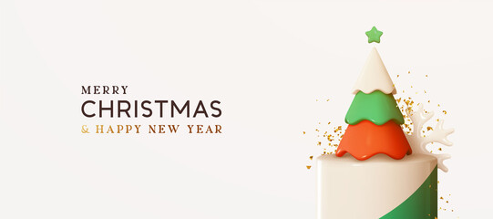 Poster - Christmas tree on round studio podium strewn with gold glitter confetti. Realistic festive 3d design. Merry Christmas and happy new year. Holiday Xmas bright background. Vector illustration