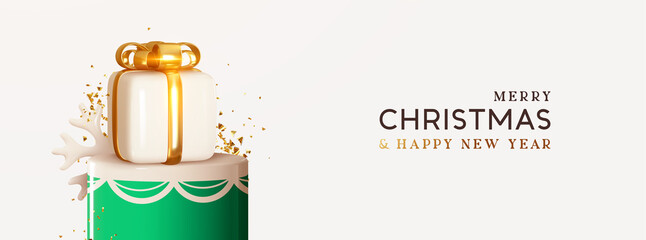 Poster - Christmas white gift box on round studio podium strewn with gold glitter confetti. Realistic festive 3d design. Merry Christmas and happy new year. Holiday Xmas bright background. Vector illustration