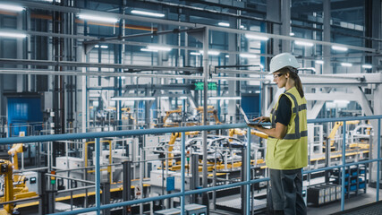 Aufkleber - Female Car Factory Engineer in High Visibility Vest Using Laptop Computer. Automotive Industrial Manufacturing Facility Working on Vehicle Production with Robotic Arms. Automated Assembly Plant.