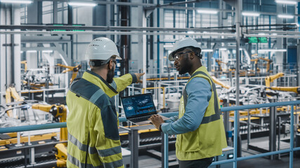 Aufkleber - Two Car Factory Specialists in High Visibility Vests Using Laptop Computer. Engineers Discussing Automotive Industrial Manufacturing Facility Process of Vehicle Production. Automated Assembly Plant.