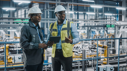 Fototapete - Multiethnic Manager and African American Car Factory Engineer in Uniform Using Tablet Computer. Automotive Industry 4.0 Manufacture Employees Discuss Work on Vehicle Assembly Plant.