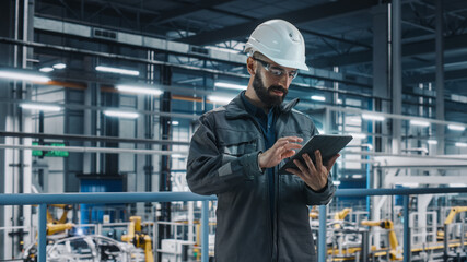Poster - Portrait of Automotive Industry Engineer in Safety Glasses and Uniform Using Laptop at Car Factory Facility. Professional Assembly Plant Specialist Working on Manufacturing Modern Electric Vehicles.