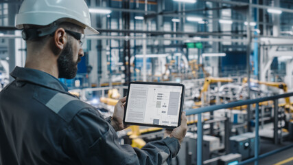 Poster - Car Factory Engineer in Work Uniform Using Tablet Computer with Electrical Blueprints and Schemes. Male Specialist in Automotive Industrial Manufacturing Facility Working on Automobile Production.