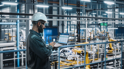 Poster - Car Factory Engineer in Work Uniform Using Laptop Computer with Spreadsheet Software. Working with Software at Automotive Industrial Manufacturing Facility Dedicated for Vehicle Production.
