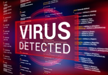 Aufkleber - Virus detected warning alert message on computer screen. Hacking attack, spyware and malware program, malicious software, trojan danger background with program code line, threat warning notification